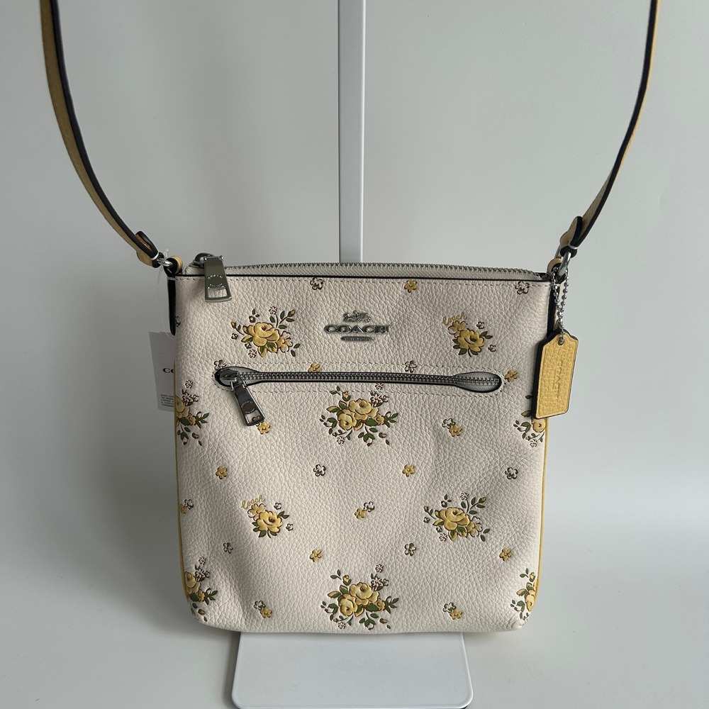 Coach Mini Rowan File Bag‎ Chalk White Floral Pebbled Leather Crossbody NWT